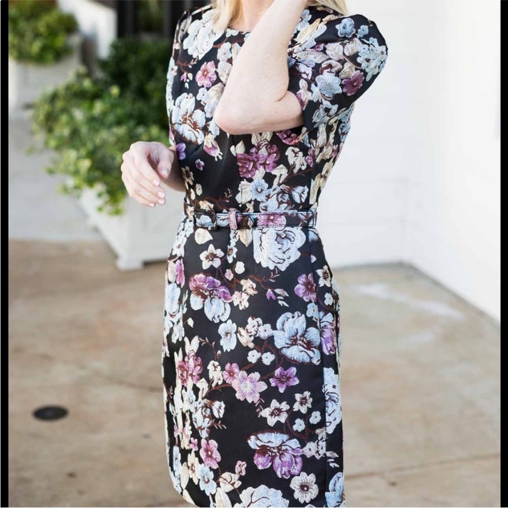 Gal Meets Glam Presley Jacquard Dress 6 small medium belt floral Black purple